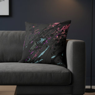 Modern Abstract Paint Splatter Monogram Name Cushion