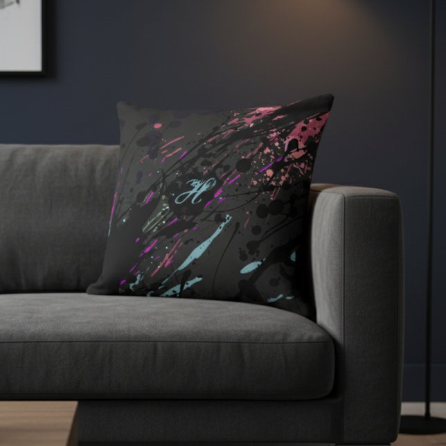 Modern Abstract Paint Splatter Monogram Name Cushion (Creator Uploaded)
