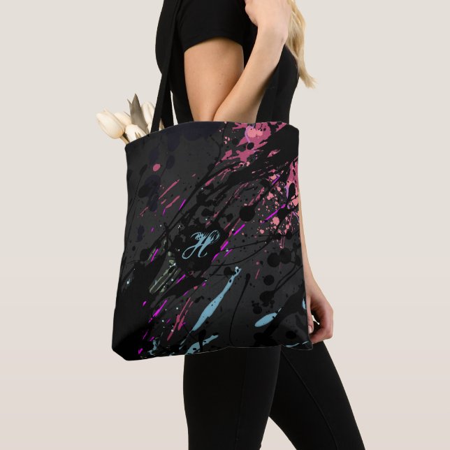 Modern Abstract Paint Splatter Monogram Name Tote Bag (Close Up)