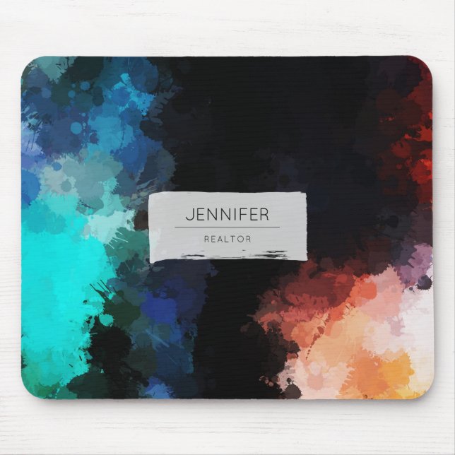 Modern Abstract Paint Splatters Black Orange Blue Mouse Pad (Front)