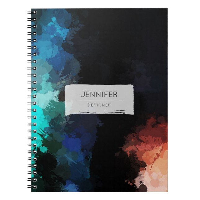 Modern Abstract Paint Splatters Black Orange Blue Notebook (Front)