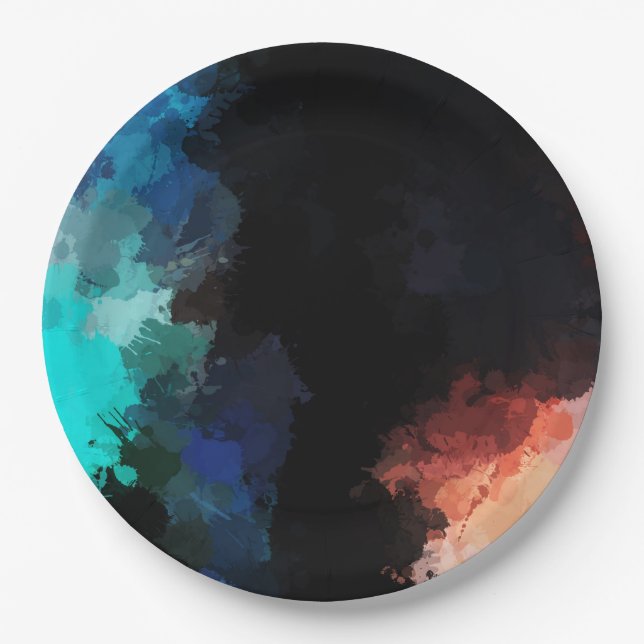 Modern Abstract Paint Splatters Black Orange Blue Paper Plate (Front)