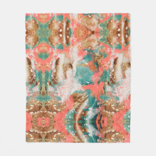 Modern Abstract Painting Coral Teal Gold White Fleece Blanket