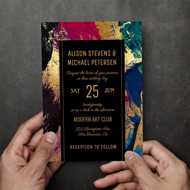 Modern abstract painting gold black red wedding invitation (Creator Uploaded)