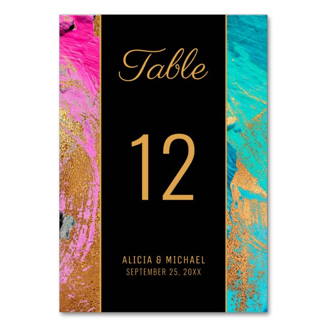 Modern abstract painting gold script dark wedding table number (Front)