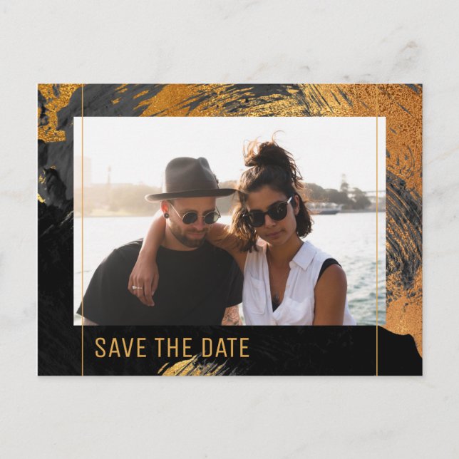 Modern abstract painting gold script photo wedding announcement postcard (Front)