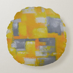 modern abstract painting grey yellow white round cushion