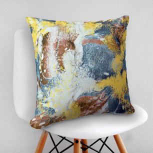 Modern Abstract Painting Mustard Teal Gold White Cushion
