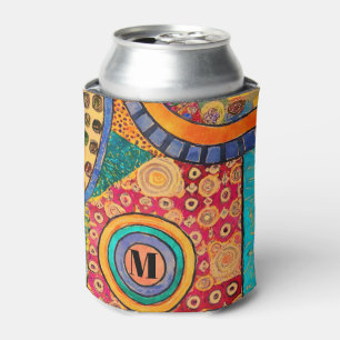 Modern Abstract Patchwork Pattern Monogram Can Cooler