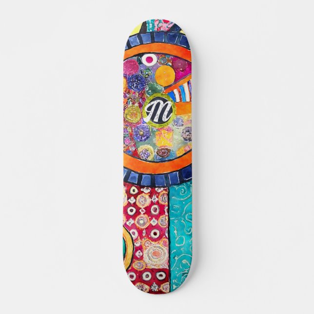 Modern Abstract Patchwork Pattern Monogram  Skateboard (Front)
