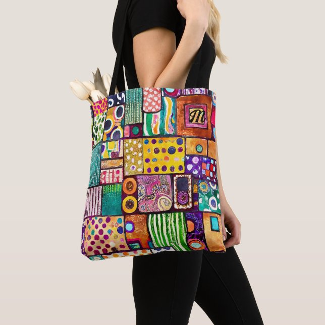 Modern Abstract Patchwork Pattern Monogram Tote Bag (Close Up)