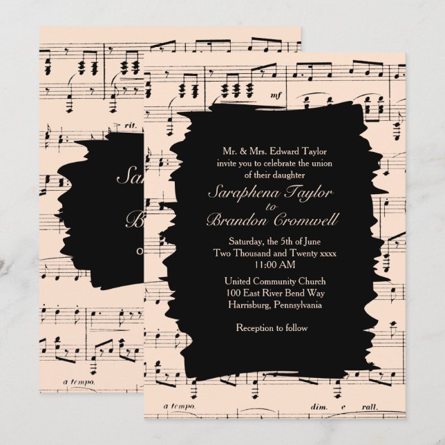 Modern Abstract Peach Music Wedding Invite (Front/Back)