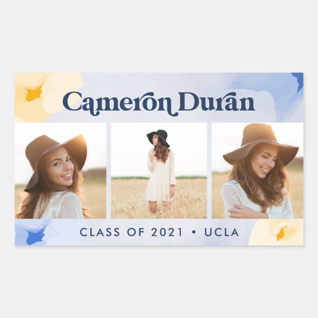 Modern abstract photo collage graduate gold blue r rectangular sticker (Front)