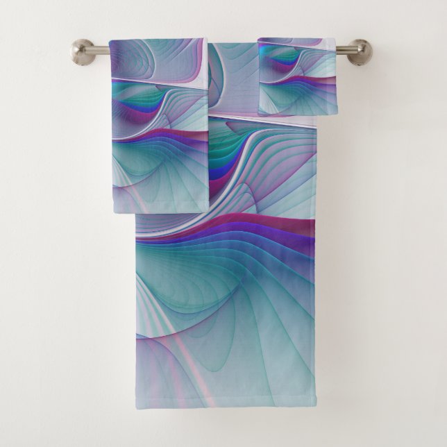 Modern Abstract Pink Blue Turquoise Fractal Art Bath Towel Set (Insitu)