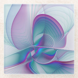 Modern Abstract Pink Blue Turquoise Fractal Art Glass Coaster
