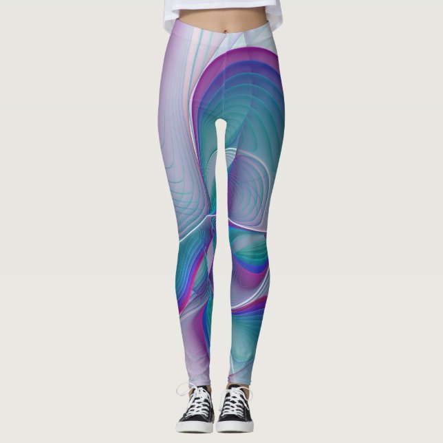 Modern Abstract Pink Blue Turquoise Fractal Art Leggings (Front)