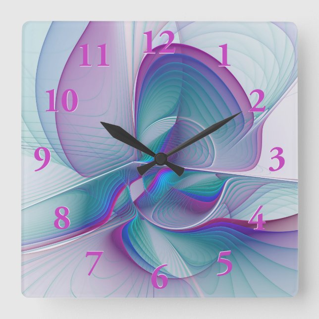 Modern Abstract Pink Blue Turquoise Fractal Art Square Wall Clock (Front)