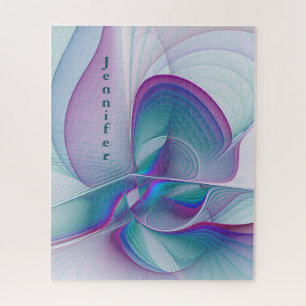 Modern Abstract Pink Blue Turquoise Fractal Name Jigsaw Puzzle