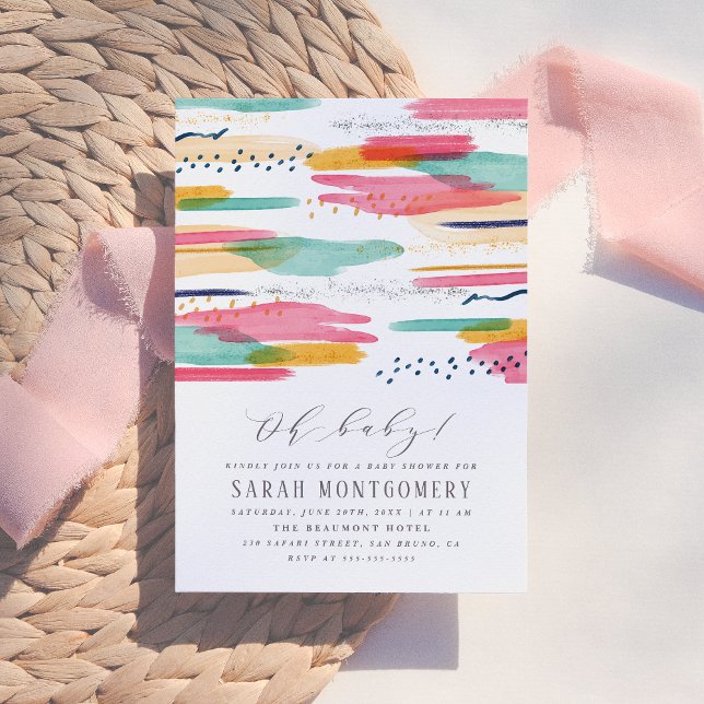 Modern Abstract Pink & Blue Watercolor Baby Shower Invitation (Creator Uploaded)