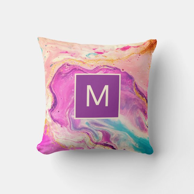 Modern Abstract Pink Fine Art Swirl Monogram Cushion (Front)
