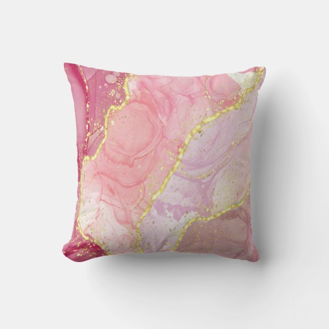 Modern Abstract Pink Gold Glitter Alcohol Ink Cushion (Front)