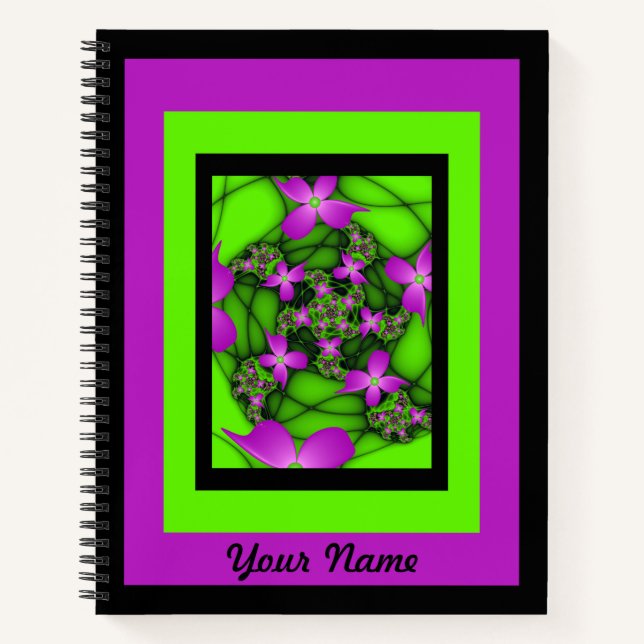Modern Abstract Pink Green Fractal Flowers Name Notebook (Front)