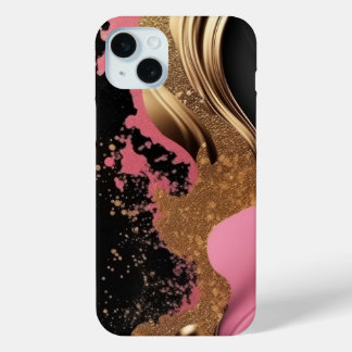 Modern abstract pink liquid gold and black marble iPhone 15 mini case