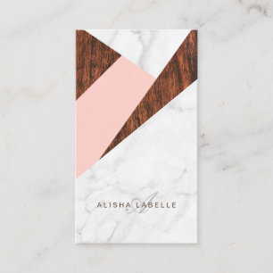 Modern Abstract Pink, White Marble & Woodgrain Business Card