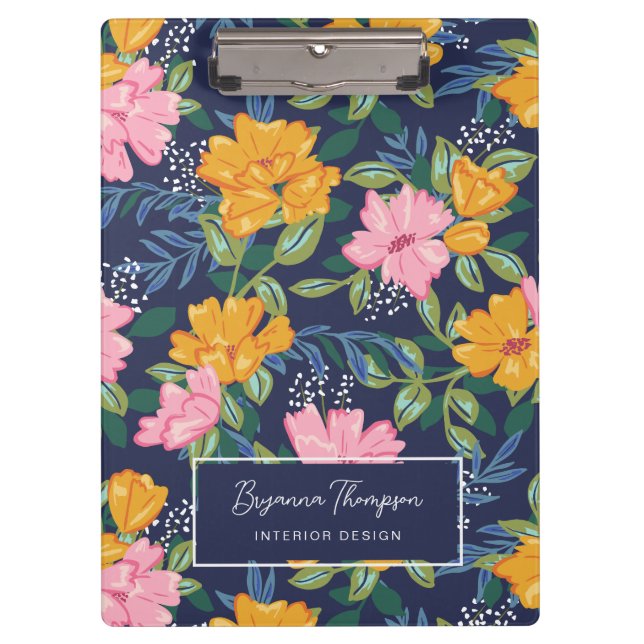 Modern Abstract Pink & Yellow Floral Pattern Clipboard (Front)
