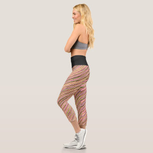 Modern Abstract Pink Yellow Gold Colourful Stripes Capri Leggings