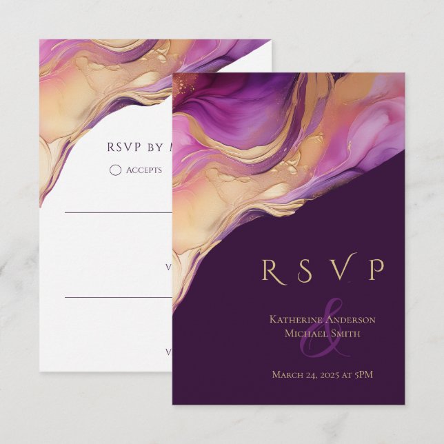 Modern Abstract Purple and Gold Elegant Wedding RSVP Card (Front/Back)