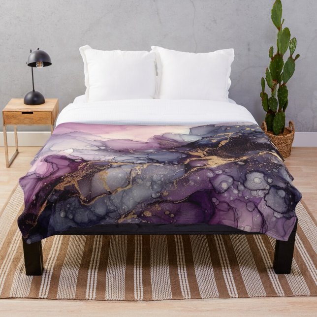  Modern Abstract Purple and Gold Ink Abstract Art  Fleece Blanket (Creator Uploaded)