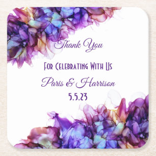 Modern Abstract Purple Haze Alcohol Ink Wedding Square Paper Coaster