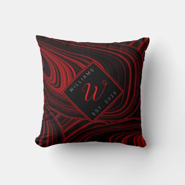 Modern Abstract Red and Black Family Monogram Cushion (Front)