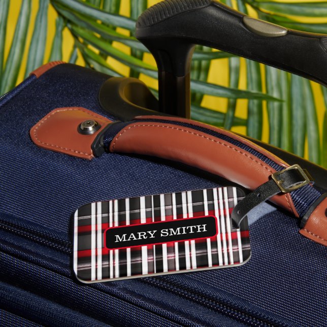 Modern Abstract Red Black Plaid Collection Luggage Tag (Front Insitu 3)