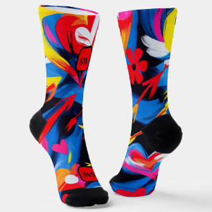 Modern abstract red blue yellow monogram socks