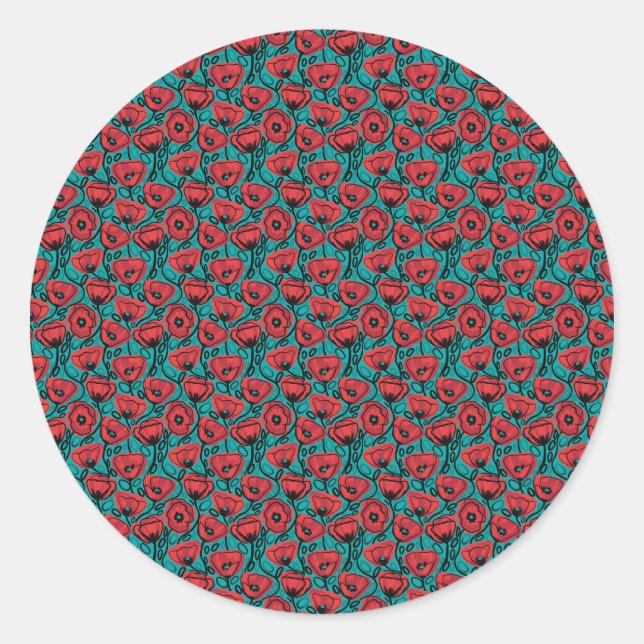 Modern Abstract Red Poppy Floral Pattern Classic Round Sticker (Front)