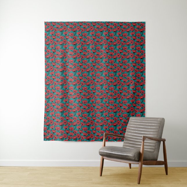 Modern Abstract Red Poppy Floral Pattern Tapestry (In Situ)