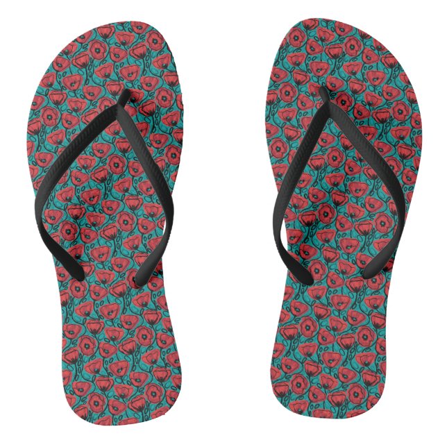 Modern Abstract Red Poppy Floral Pattern Thongs (Footbed)