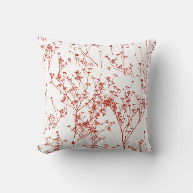 Modern Abstract Red Toile Wildflowers on White Cushion (Front)