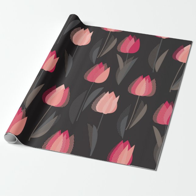 Modern abstract red tulip flowers seamless pattern wrapping paper (Unrolled)