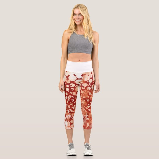 Modern Abstract Red White Bubles patterned Capri Leggings (Front)