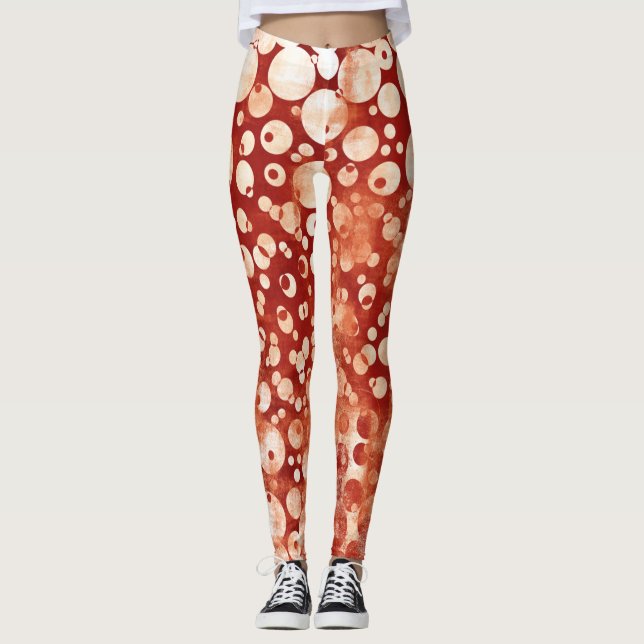 Modern Abstract Red White Bubles patterned Leggings (Front)