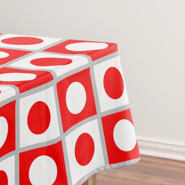 Modern Abstract Red & White Pattern on Light Grey Tablecloth (In Situ)