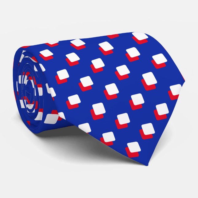 Modern Abstract Red & White Squares on Blue Tie (Rolled)