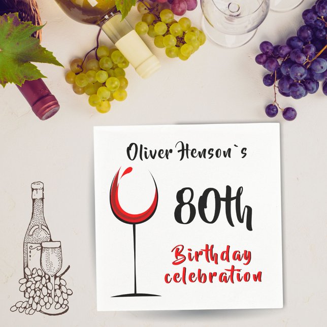 Modern Abstract Red Wine Glass 80th Birthday Party Napkin (Creator Uploaded)