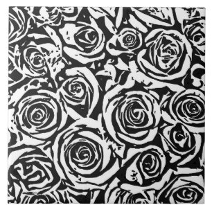 Modern Abstract Rose Pattern, Black and White Cera Ceramic Tile