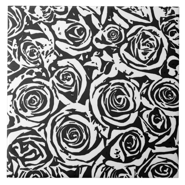 Modern Abstract Rose Pattern, Black and White Cera Ceramic Tile (Front)