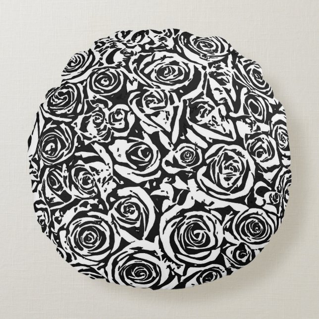 Modern Abstract Rose Pattern, Black and White Round Cushion (Front)