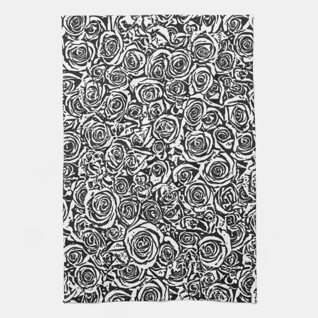 Modern Abstract Rose Pattern, Black and White Tea Towel (Vertical)
